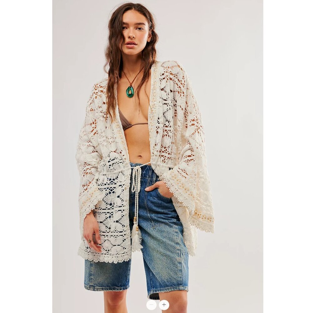 Free People Lace Kimono Jacket Crochet Cardigan Beach Coverup Bell Sleeves